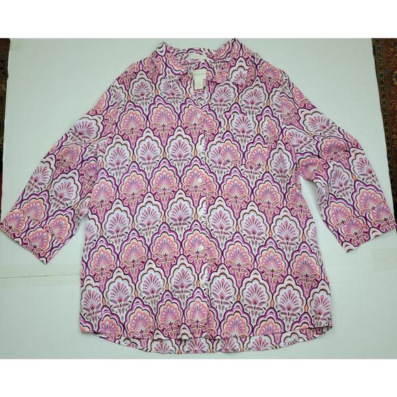 Chico's Blouse No Iron Linen 3/4 Sleeve Boho Button Down Pink Paisley Sze 2 US L - Picture 1 of 9